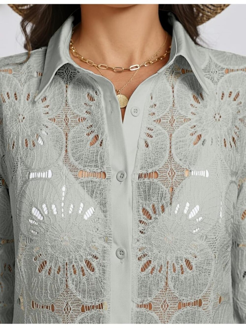 〽️Women's Light Grey Blouse Eyelet Bathing Suit Button Down Swimsuit Cover Up